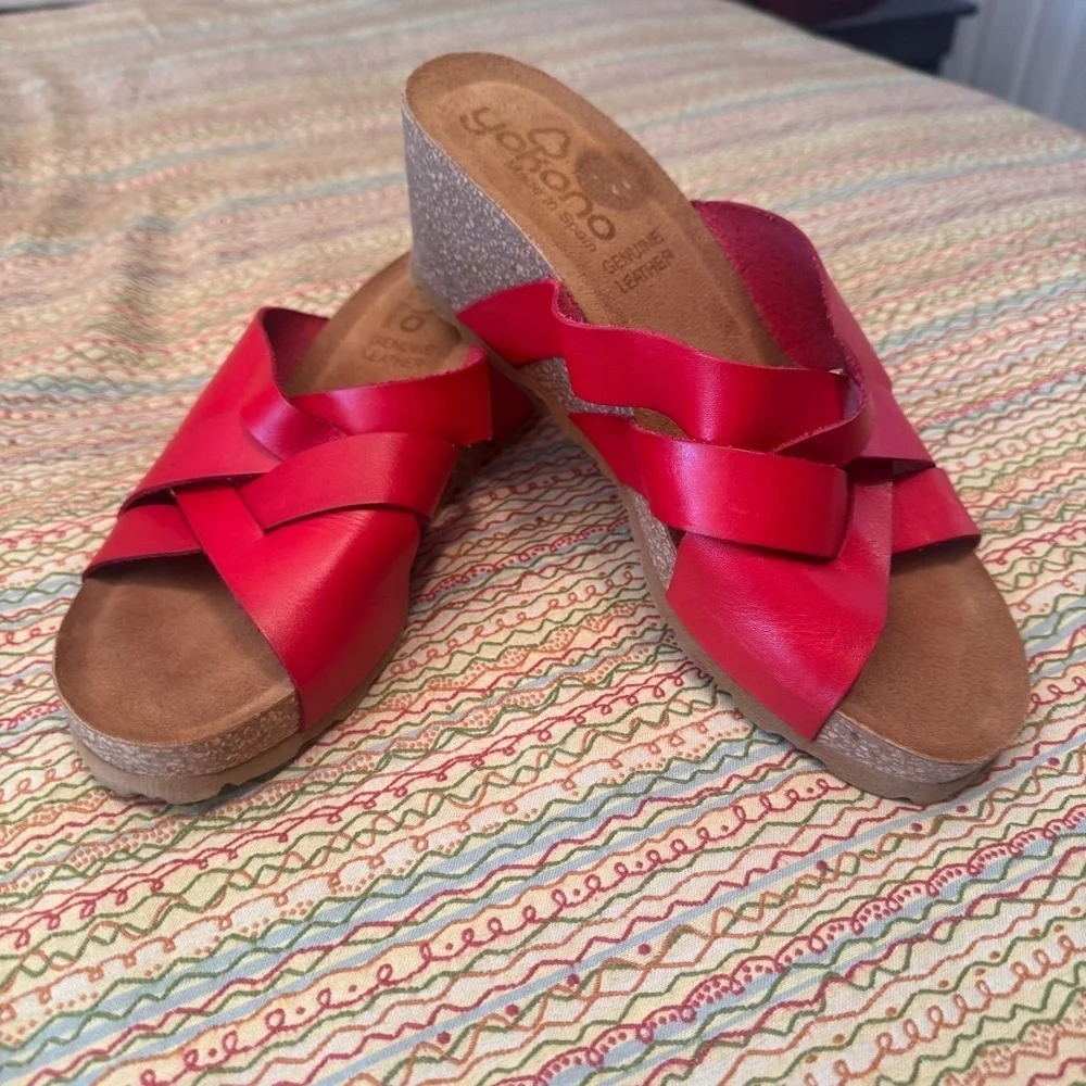 Yokono Candela red leather criss-cross cork wedge slip-on sandals Size 9